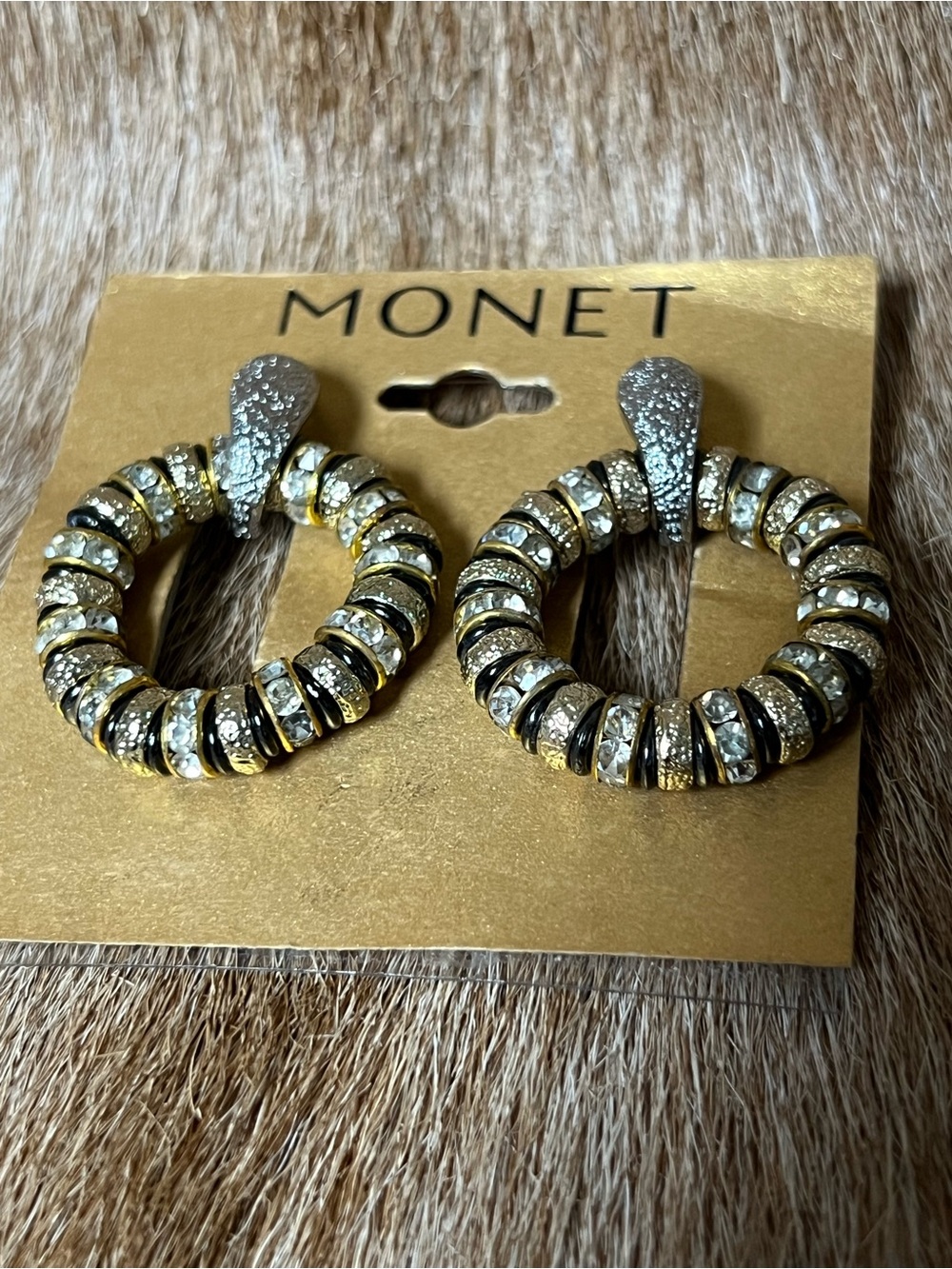 Monet Gold and Silver Rhinestone Hoop Earrings
